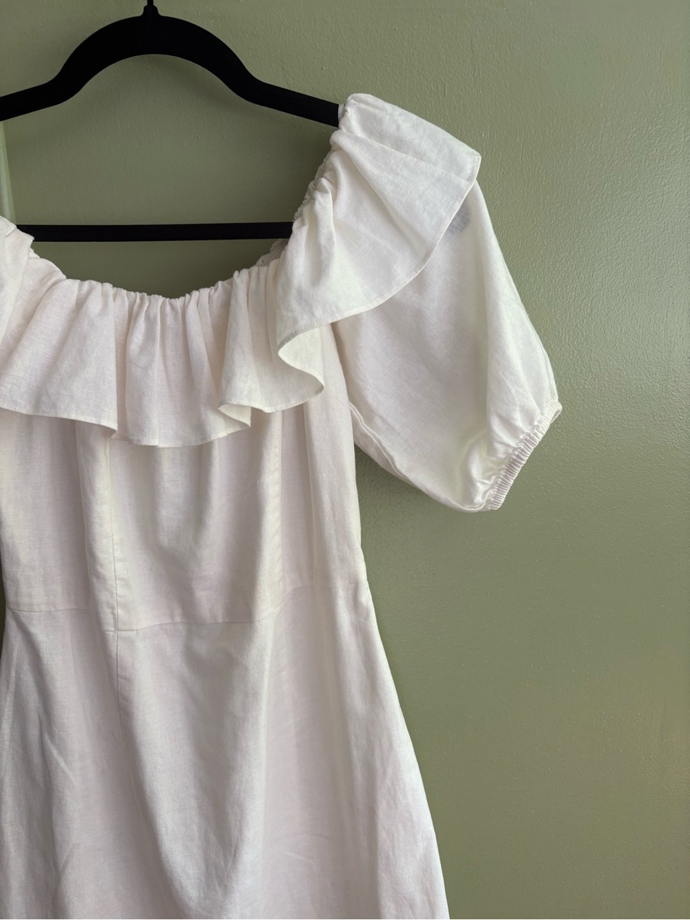 H&M XS White Linen Blend Ruffle Puff Sleeve Mini Dress